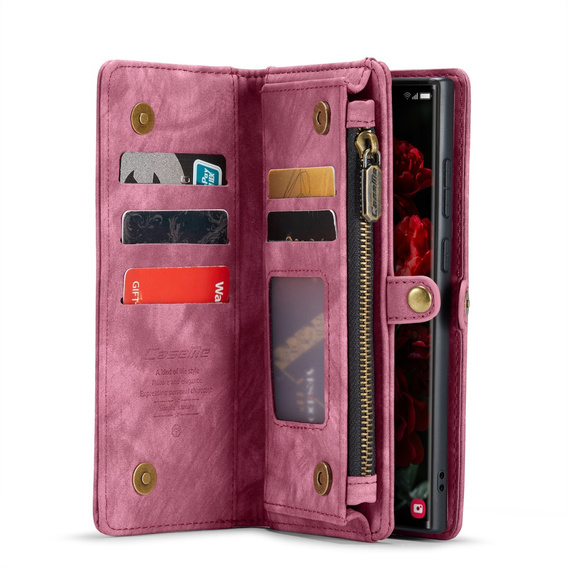 Husă CASEME pentru Samsung Galaxy S25 Ultra, Retro Leather Wallet, cu curea de umăr, roșu