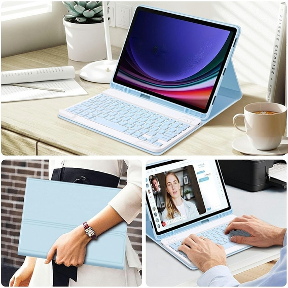 Carcasă + tastatură Samsung Galaxy Tab S9 FE, Leather Pen Slot, caz albastru