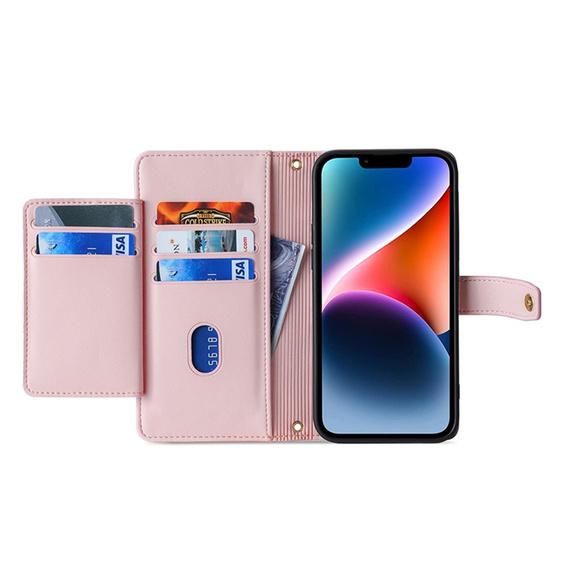 Cu clapetă pentru iPhone 14, Wallet Zipper Pocket, roz