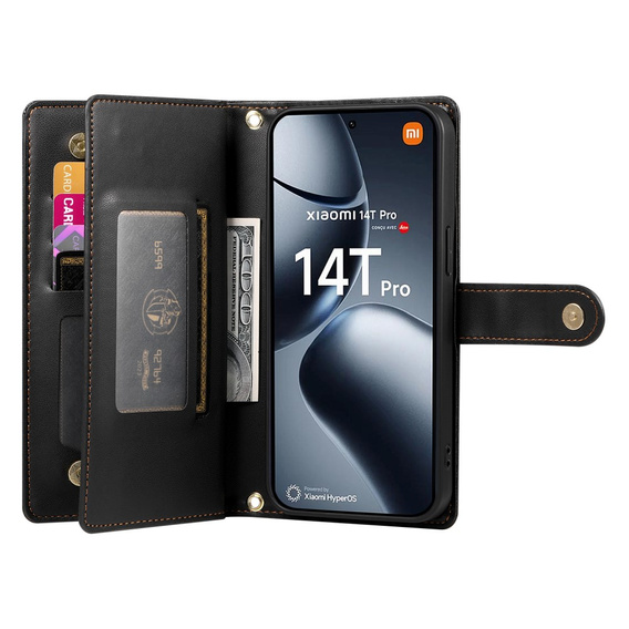 Cu clapetă pentru Xiaomi 14T Pro, Wallet Zipper Pocket, negru