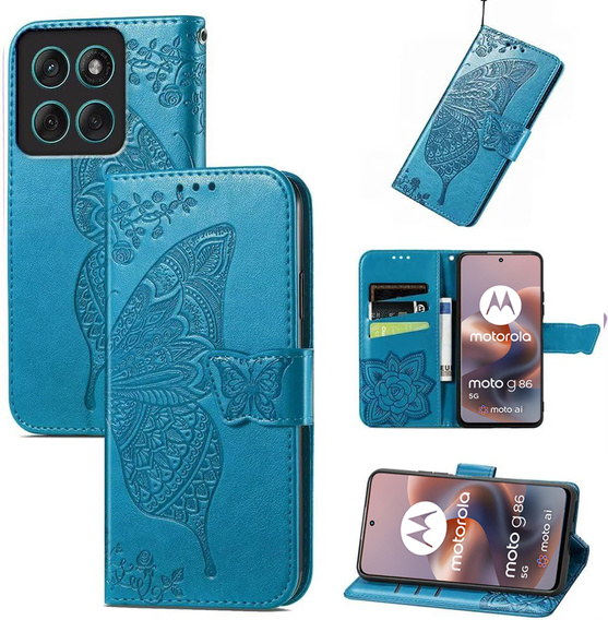 Cu clapetă pentru Motorola Moto G86 5G, Butterfly, albastru
