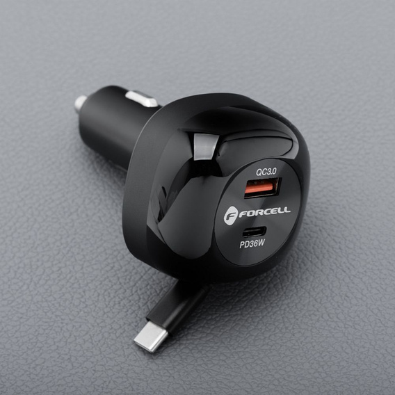 Încărcător auto Forcell F-Energy Alu cu cablu USB-C retractabil, 75 W
