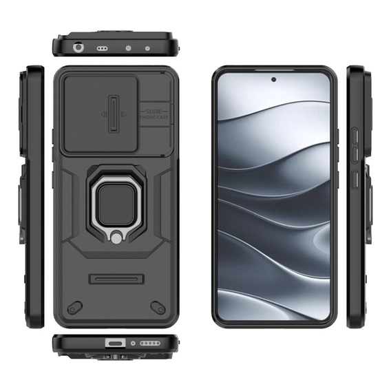 Husă pentru Xiaomi Redmi Note 14 5G, KickStand Camera Lens, negru