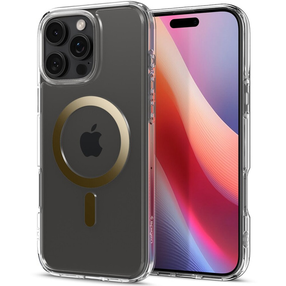 Carcasă MagSafe Spigen pentru iPhone 16 Pro Max, Ultra Hybrid, transparent / auriu + 9H Tempered Glass