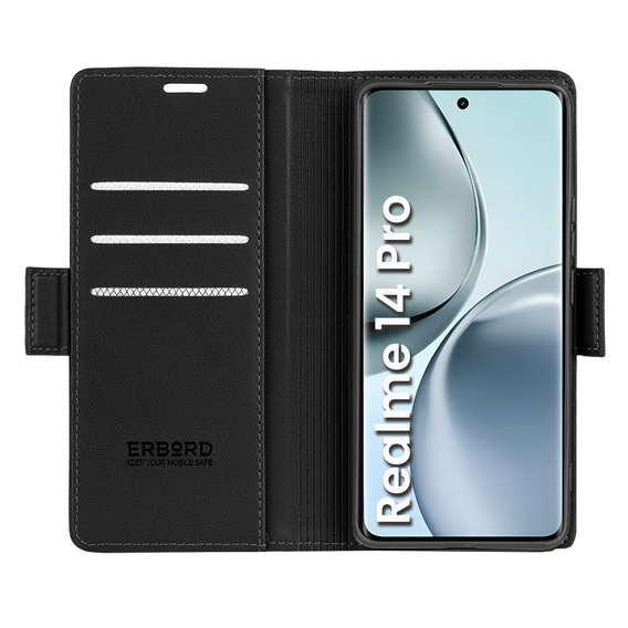 Husă pentru Realme 14 Pro 5G, ERBORD Glossy Litchi, portofel cu clapetă, negru