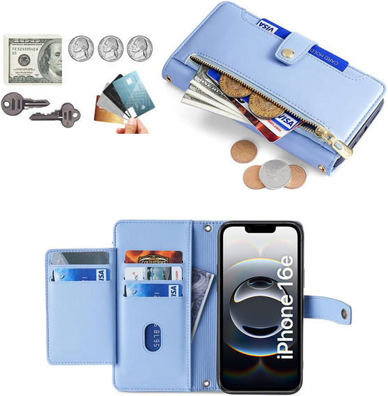 Cu clapetă pentru iPhone 16E, Wallet Zipper Pocket, albastru