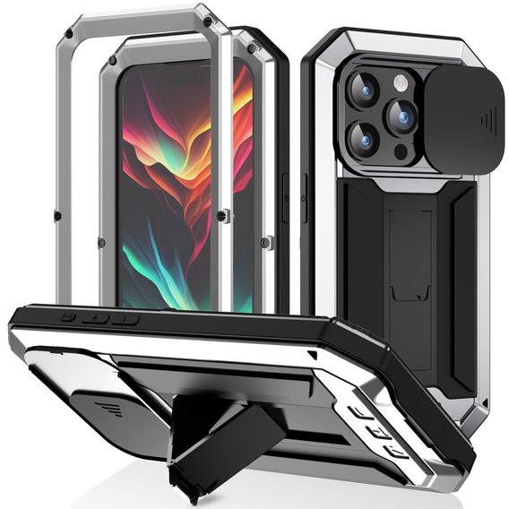 Husă pentru iPhone 15 Pro Max, R-JUST CamShield Slide, armată, de argint / negru