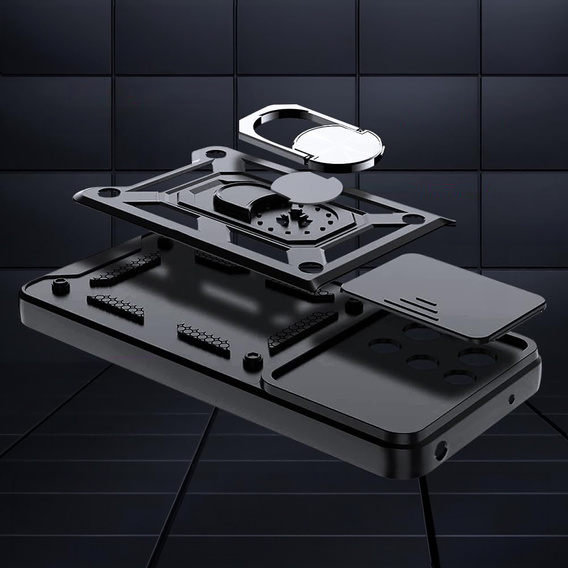 Carcasă blindată pentru Oppo Reno 14, cu protecție pentru cameră, cu suport, negru
