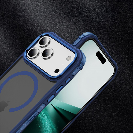 Carcasă Matt pentru iPhone 17 Pro Max, blindată, pentru MagSafe, fumurie cu margini albastre