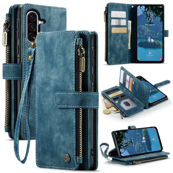 Husa CASEME pentru Samsung Galaxy A56 5G, Leather Wallet Cash and Card Slots, cu curea, albastru