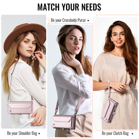 Husă CASEME pentru Samsung Galaxy S25 FE, RFID Leather Wallet, cu curea de umăr, roz