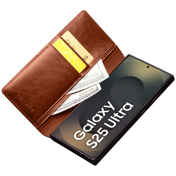 Carcasa flip pentru Samsung Galaxy S25 Ultra, QIALINO Leather Wallet, maro
