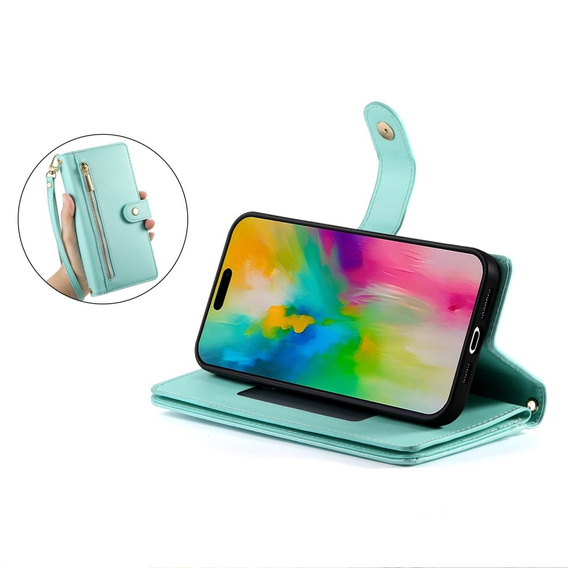 Cu clapetă pentru iPhone 16 Pro, Wallet Zipper Pocket, verde
