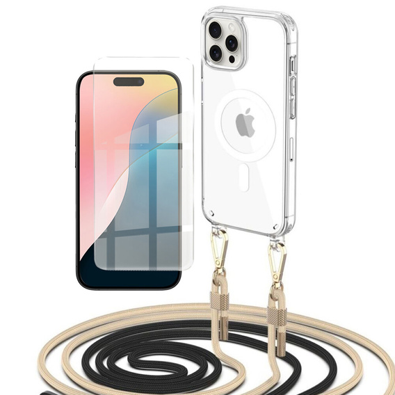 Husă cu lănțișor pentru iPhone 16 Pro, ERBORD MagSafe, transparentă + sticlă pentru ecran
