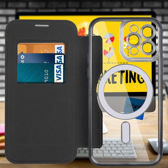 Cu clapetă pentru iPhone 12 Pro Max, RFID Wallet MagSafe CamShield, negru