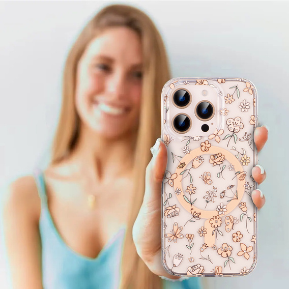 Husă magnetică cu model floral realizat cu laser pentru iPhone 16 Pro