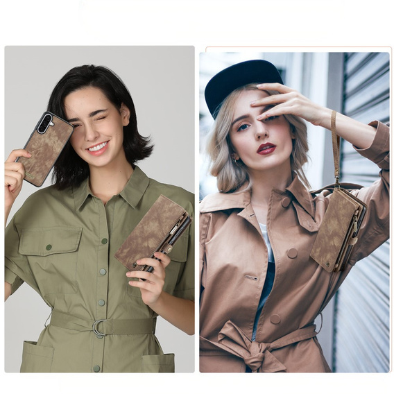 Husă CASEME pentru Samsung Galaxy A56 5G, Retro Leather Wallet, cu curea de umăr, maro