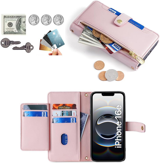 Cu clapetă pentru iPhone 16E, Wallet Zipper Pocket, roz