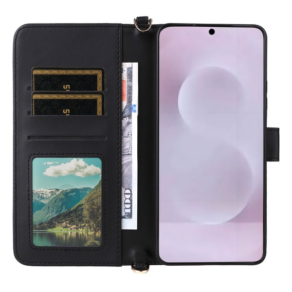 Carcasă cu clapetă pentru Samsung Galaxy S25 Edge, Crossbody Leather Wallet, negru