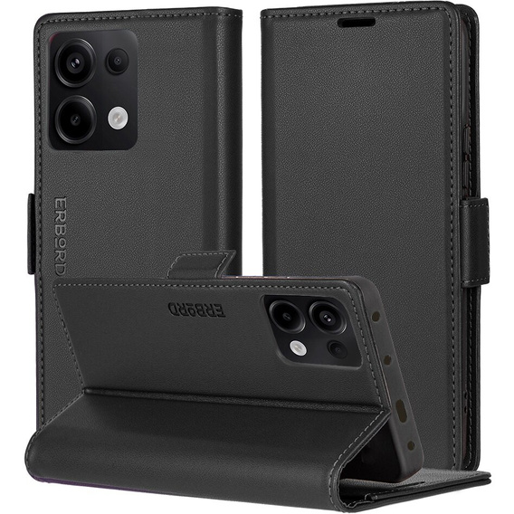 Husă pentru Xiaomi Redmi Note 13 Pro 4G / Xiaomi Redmi Note 14S / Xiaomi Poco M6 Pro 4G, ERBORD Glossy Litchi, portofel cu clapetă, negru