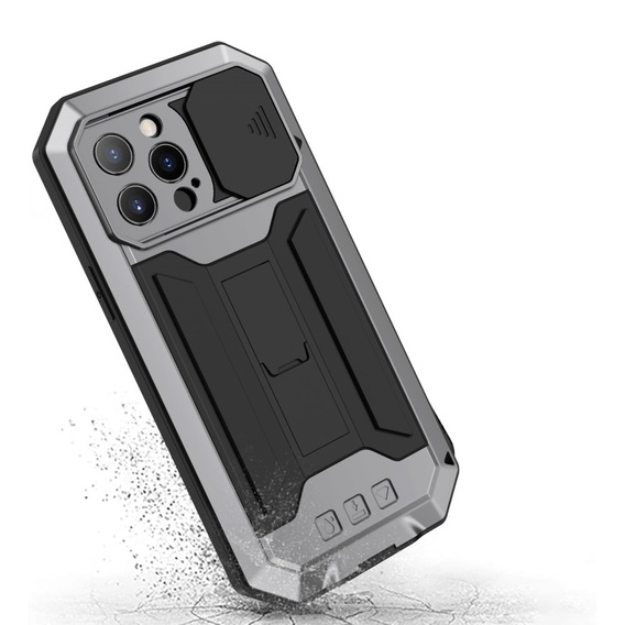 Husă pentru iPhone 13 Pro, R-JUST CamShield Slide, armată, de argint / negru