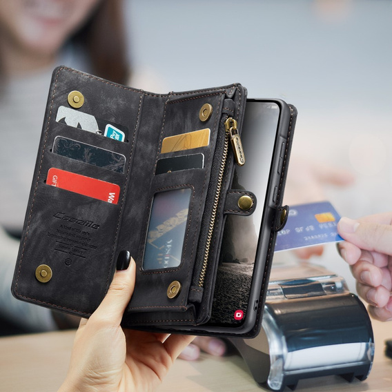 Husă CASEME pentru Samsung Galaxy A56 5G, Retro Leather Wallet, cu curea de umăr, negru