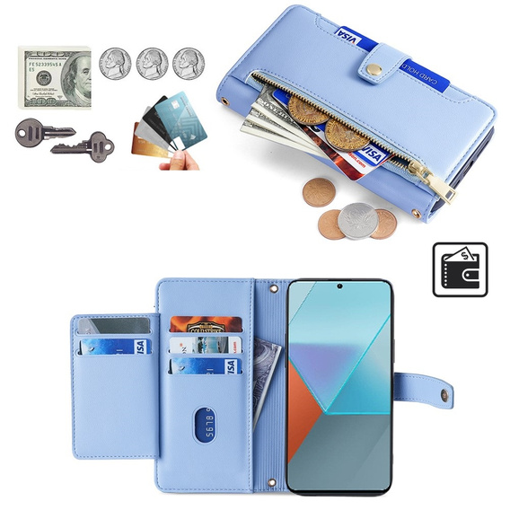 Cu clapetă pentru Xiaomi Redmi Note 13 Pro 5G, Wallet Zipper Pocket, albastru