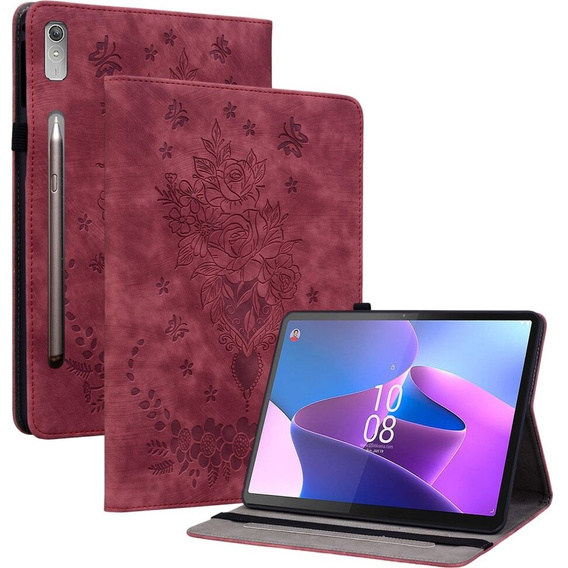 Husă cu clapetă pentru Lenovo Tab P12, flower, roșu