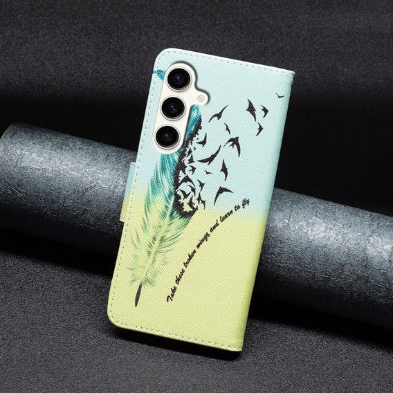 Cu clapetă pentru Samsung Galaxy S23 FE, Wallet, Feather albastru / galben
