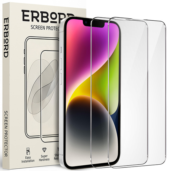 2x sticlă călită pentru iPhone 14, ERBORD 9H Hard Glass pe ecran