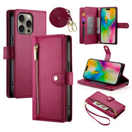 Cu clapetă pentru iPhone 16 Pro, Wallet Zipper Pocket, roșu