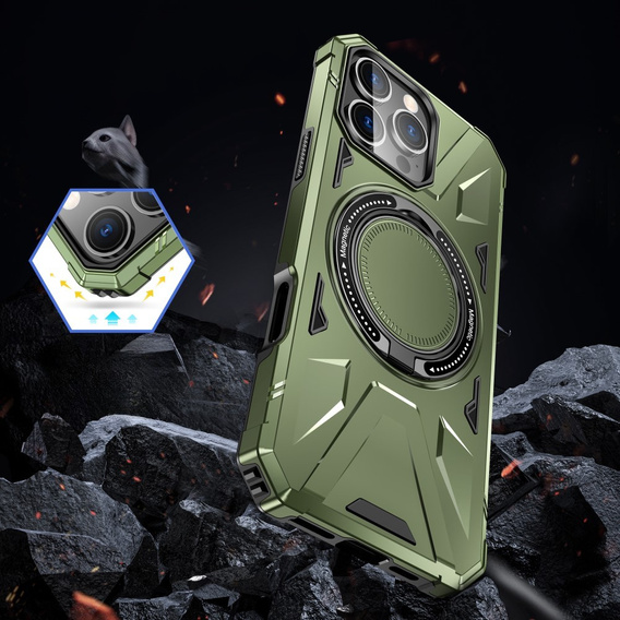 Carcasă pentru iPhone 16 Pro, blindată cu suport și placă pentru mâner, verde