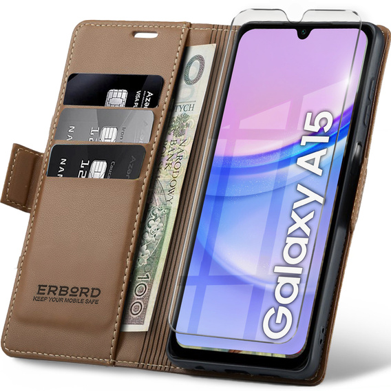 Carcasă pentru Samsung Galaxy A15 4G / 5G, ERBORD Glossy Litchi, portofel cu clapetă + sticlă temperată 9H