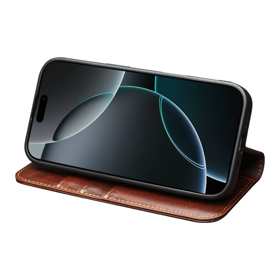 QIALINO Carcasă cu flip din piele de vacă originală pentru iPhone 17 Pro Max, maro