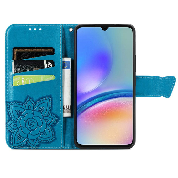 Cu clapetă pentru Samsung Galaxy A05s, Butterfly, albastru