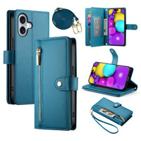 Cu clapetă pentru iPhone 16, Wallet Zipper Pocket, albastru