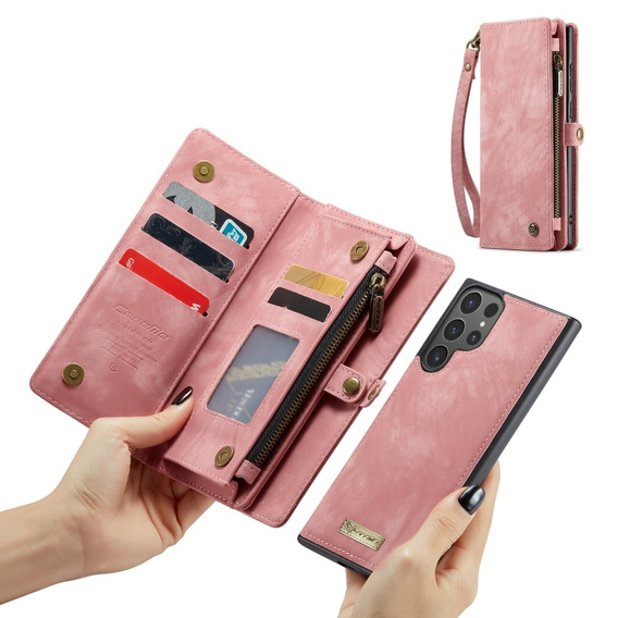 Husă CASEME pentru Samsung Galaxy S25 Ultra, Retro Leather Wallet, cu curea de umăr, roșu