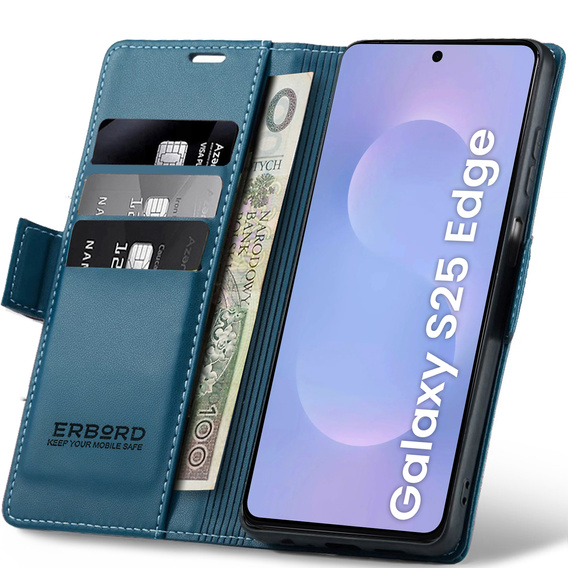 Husă pentru Samsung Galaxy S25 Edge, ERBORD Glossy Litchi, portofel cu clapetă, albastru