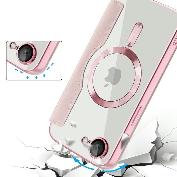 Cu clapetă pentru iPhone 16E, RFID Wallet MagSafe CamShield, roz