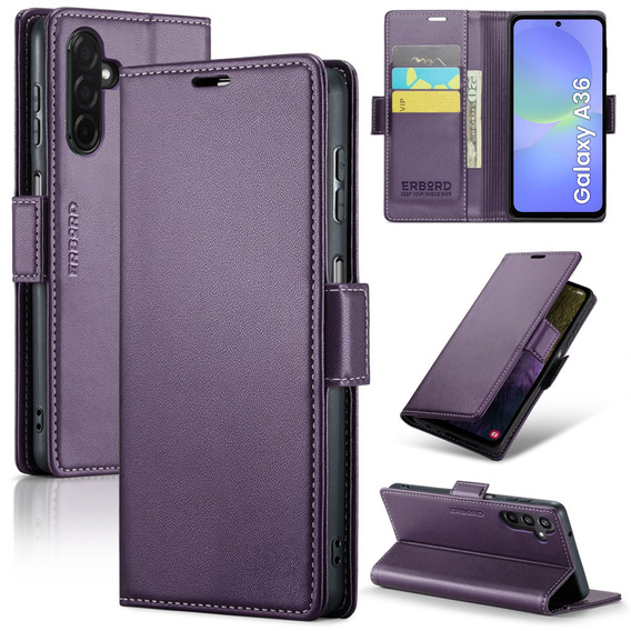 Husă pentru Samsung Galaxy A36, ERBORD Glossy Litchi, portofel cu clapetă, violet