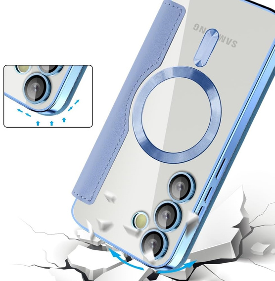 Cu clapetă pentru Samsung Galaxy S25 FE, RFID Wallet MagSafe CamShield, albastru