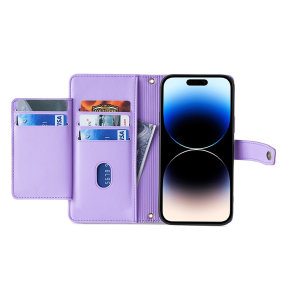 Cu clapetă pentru iPhone 14 Pro, Wallet Zipper Pocket, violet
