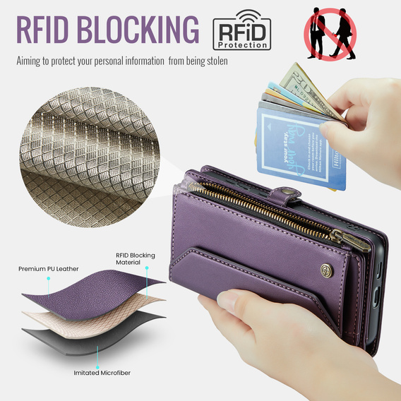 Husă CASEME pentru Samsung Galaxy S25 FE, RFID Leather Wallet, cu curea de umăr, violet