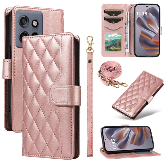 Husă cu clapetă pentru Motorola Edge 50 Neo / Motorola ThinkPhone 25, Rhombus Crossbody Leather, roz rose gold