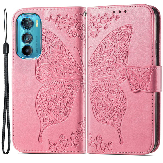 Cu clapetă pentru Motorola Edge 30, Butterfly, roz