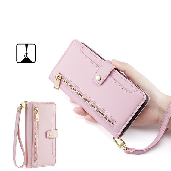 Cu clapetă pentru Realme 14 Pro+ 5G, Wallet Zipper Pocket, roz