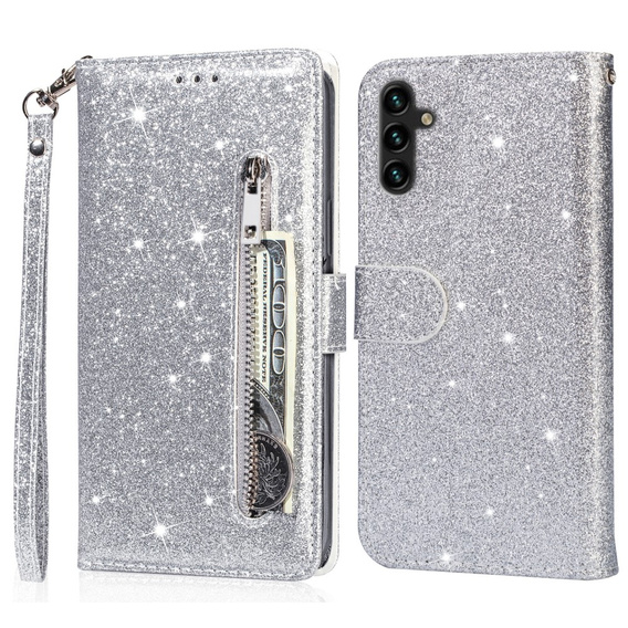 Cu clapetă pentru Samsung Galaxy A36 5G, Wallet Zipper Pocket Glittery, de argint