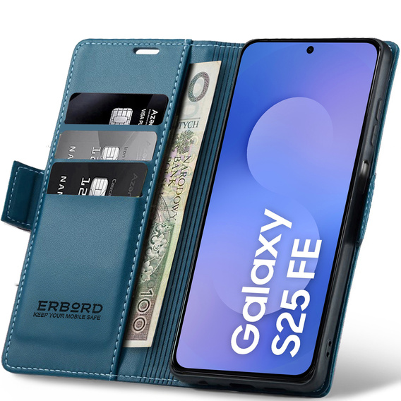 Husă pentru Samsung Galaxy S25 FE, ERBORD Glossy Litchi, portofel cu clapetă, albastru