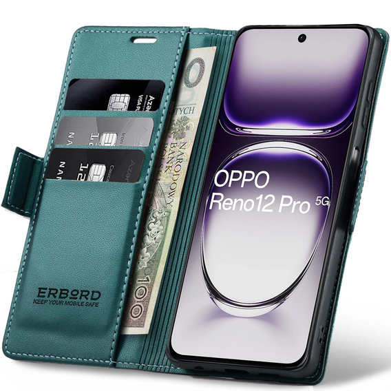 Husă pentru Oppo Reno 12 Pro, ERBORD Glossy Litchi, portofel cu clapetă, verde