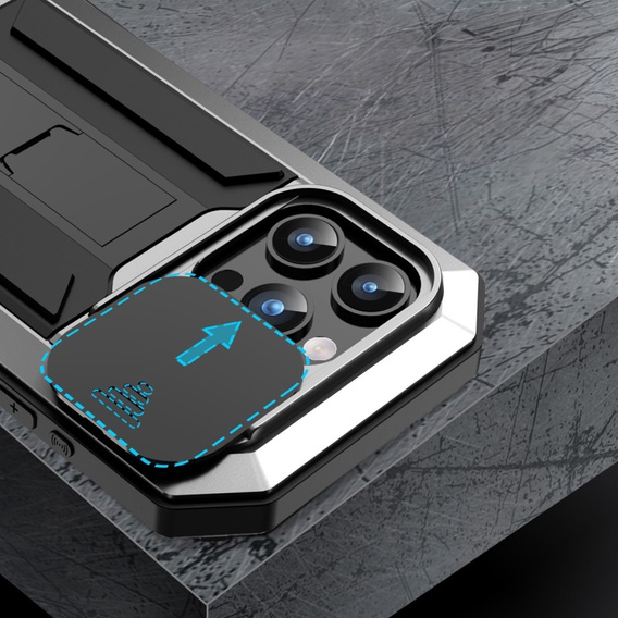 Husă pentru iPhone 15 Pro Max, R-JUST CamShield Slide, armată, de argint / negru